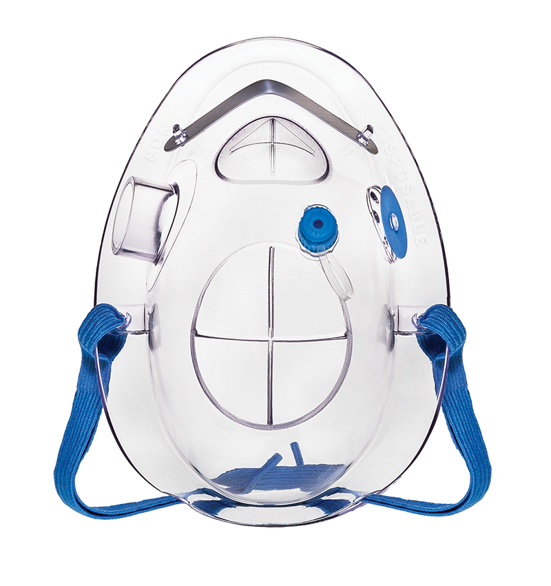 A close-up of the panoramic oxygen mask with blue straps and clear background